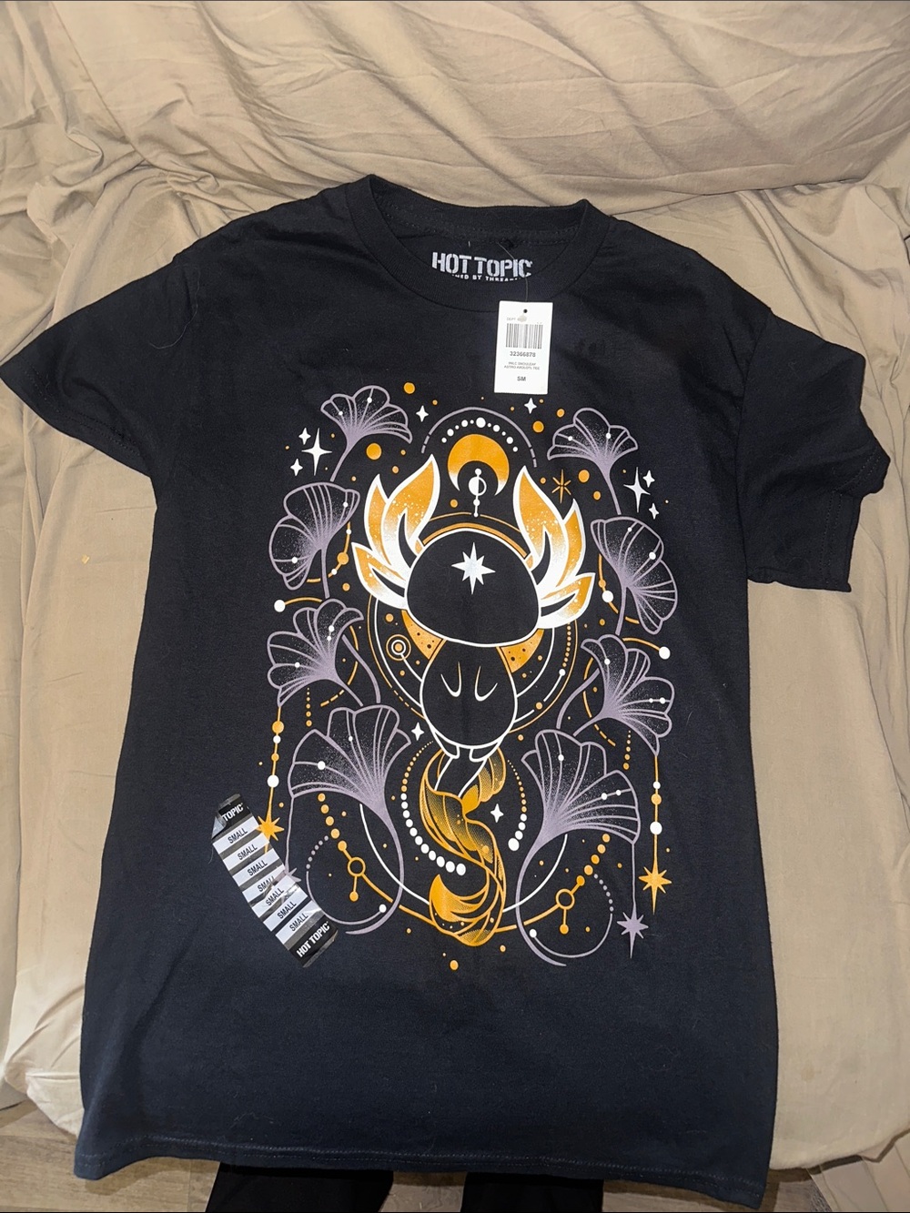 Hot Topic Black Tee with Gold & Lavender Occult Graphic